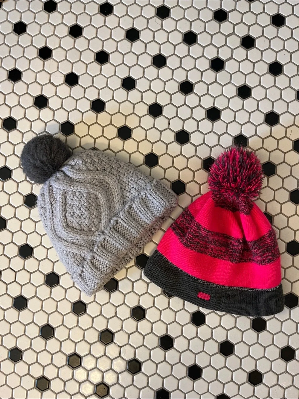 2 hats:  Kids Bright Pink & grey  and areie Gray with Pom Beanie
